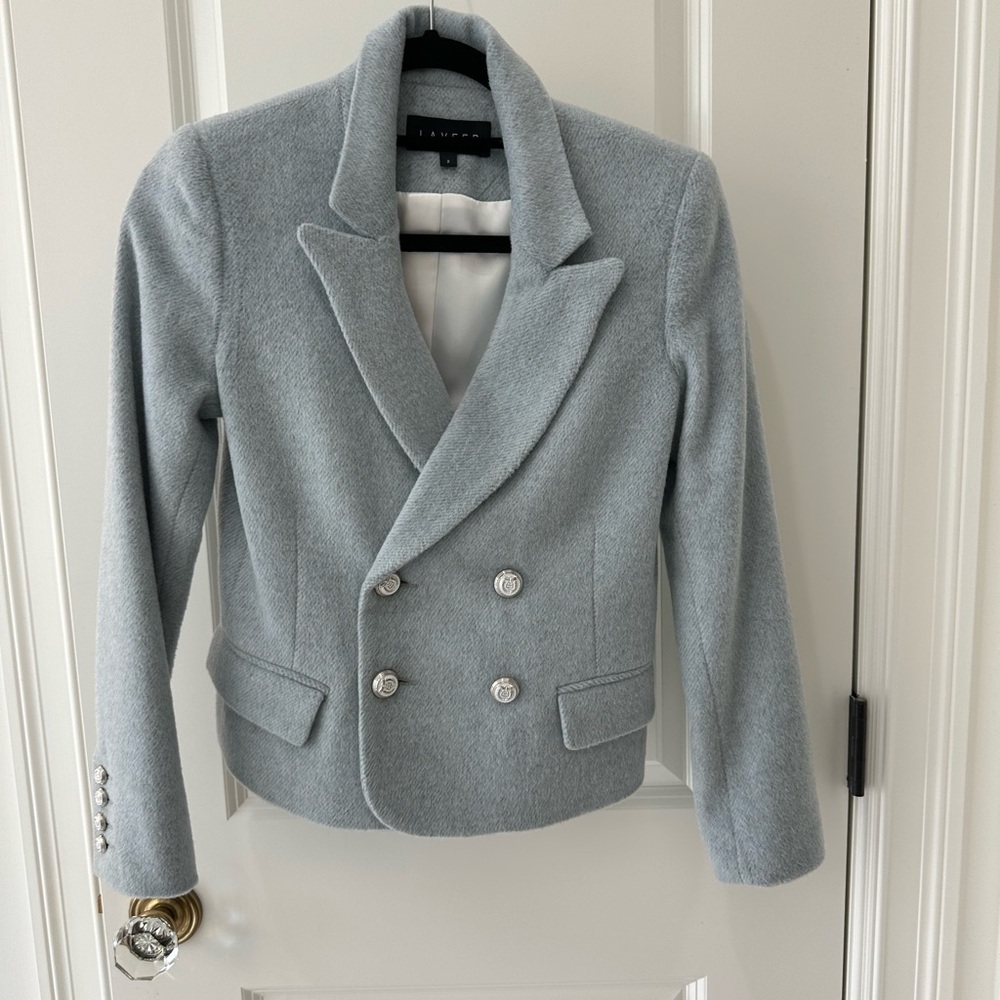 LAVEER Double Breasted Ice Blue Wool Blazer